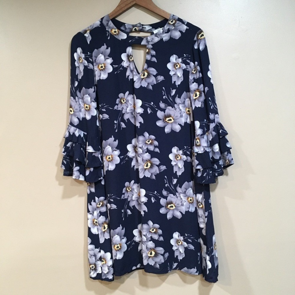 Jodifl Dark Floral Bell Sleeve Mini Dress Womens S Navy Whimsigoth Cottage Boho‎